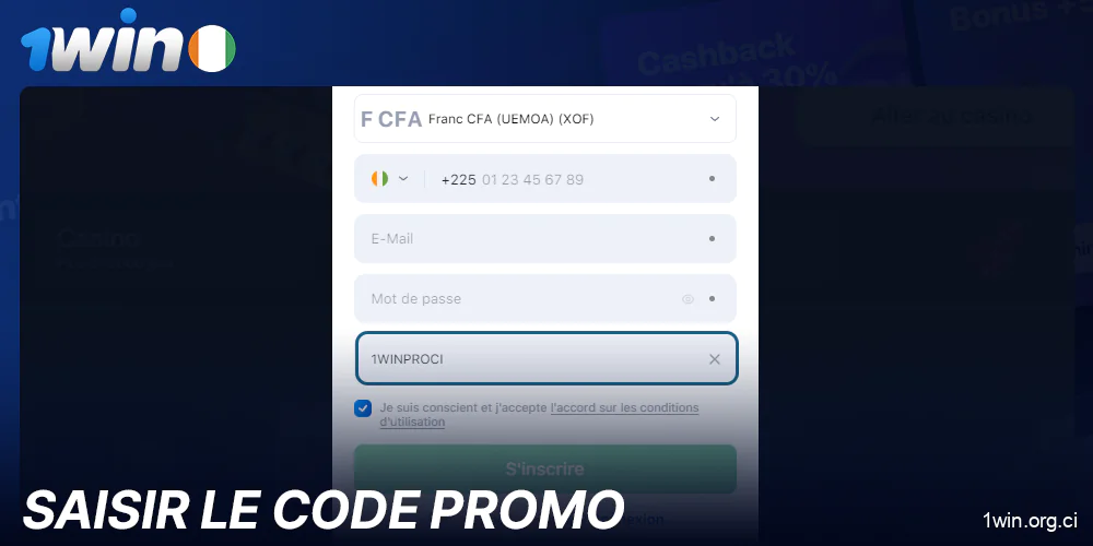 Saisir le code promo lors de l'inscription à 1Win